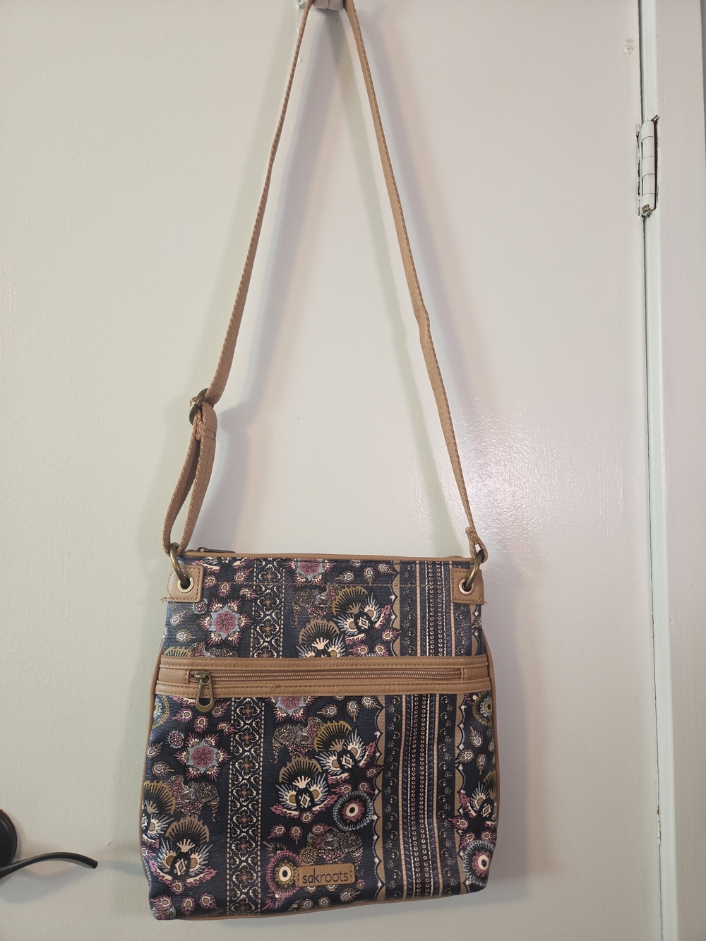 Sakroots Black Floral Crossbody with Tan Trim